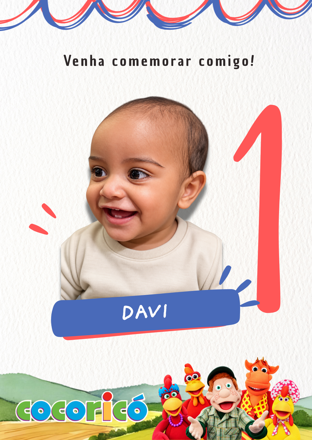 Convite do aniversário de 1 ano do Davi, tema Cocoricó