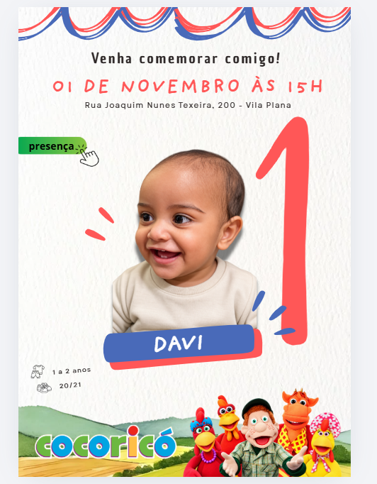 Convite do aniversário de 1 ano do Davi, tema Cocoricó